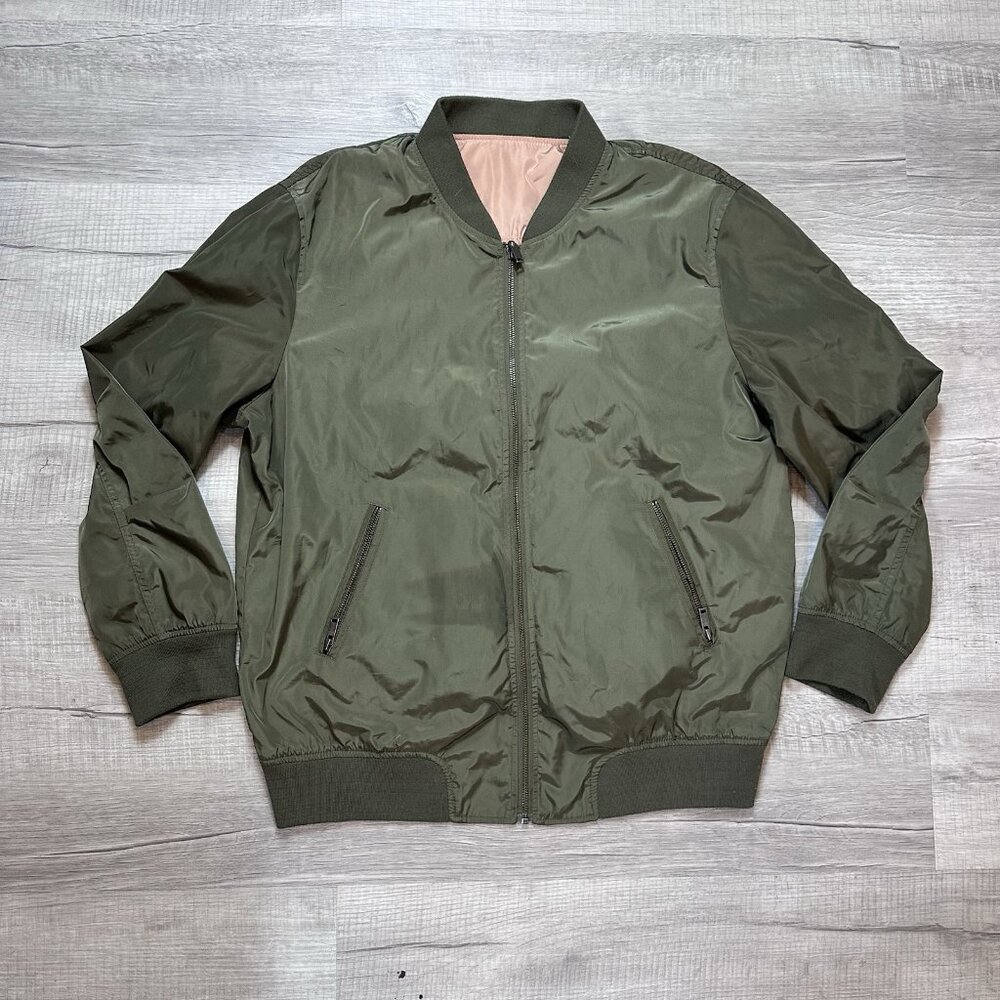 Women's Abound Reversible Satin Bomber Style Jacket Size Large Green / Pink